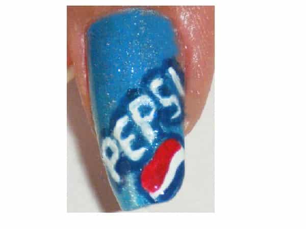 Glitter Blue Pepsi Nails with Red Circle