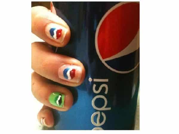 Plain Nails with Red, White, and Blue Circles, Plus Green Nail with Green Pepsi Logo