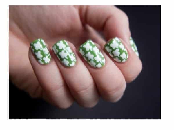 Green Nails with White Shamrocks