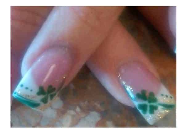 White Tipped Nails with Green Shamrocks, Green Dots, and Gold Swipes