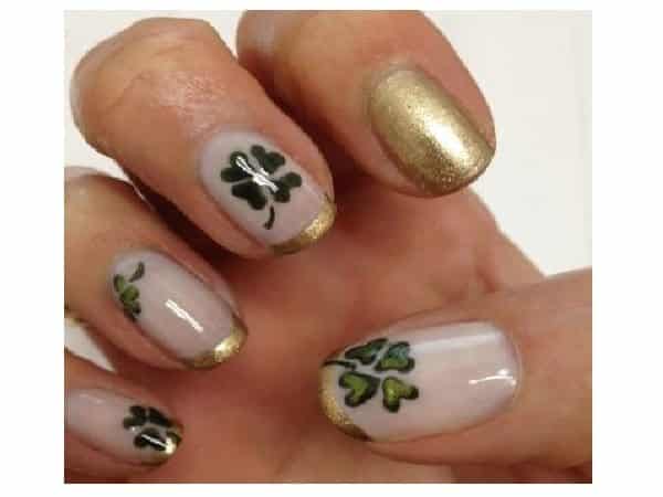 White and Gold Nails with Shamrocks and Gold Tips