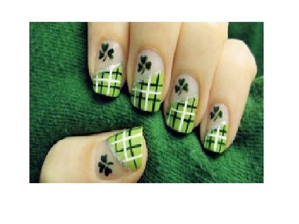 Half Plain Half Green Plaid Nails with Shamrocks