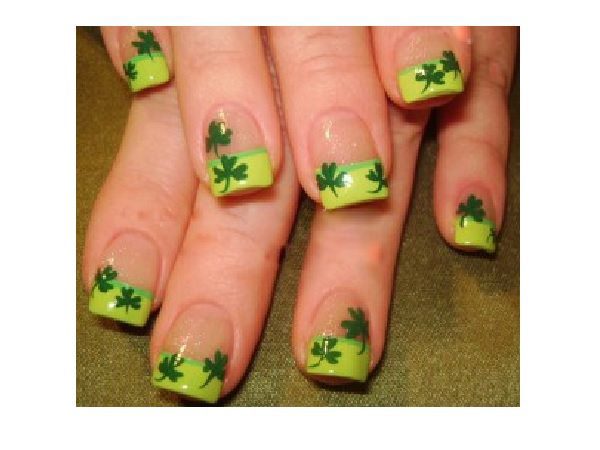 Plain Nails with Light Green Tips Decorated with Shamrocks