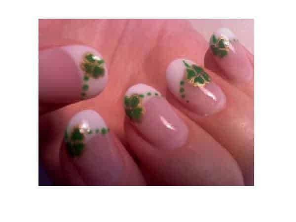 French Manicure Nails with Green Dots and Shamrocks