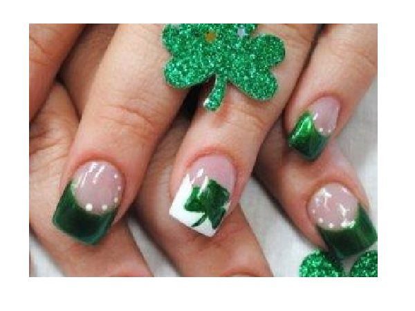 Green and White Tipped Nails with Painted Shamrocks