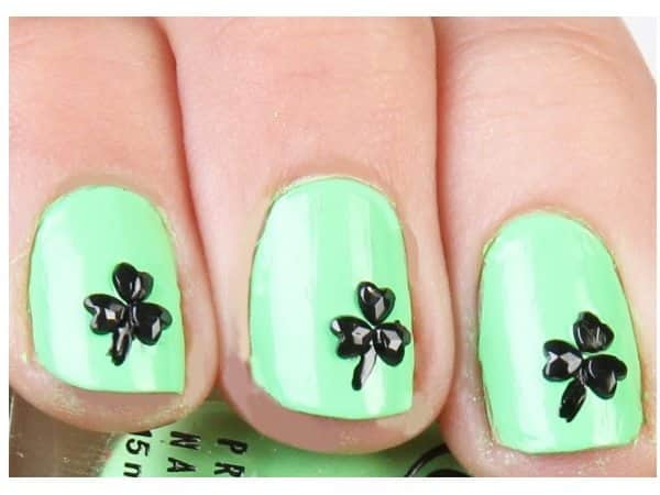 Pastel Green Nails with Black Shamrocks