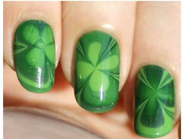 Green Nails with Shamrock Tie Dye Designs