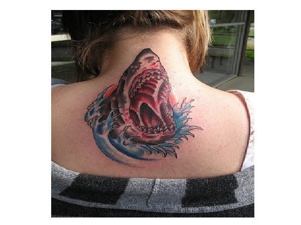 Wide Open Mouth Shark Colored Neck Tattoo