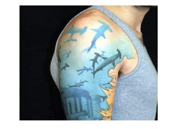 School of Hammerhead Sharks Arm Tattoo