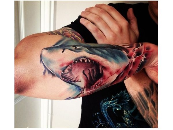 Colored Great White Shark Arm Tattoo
