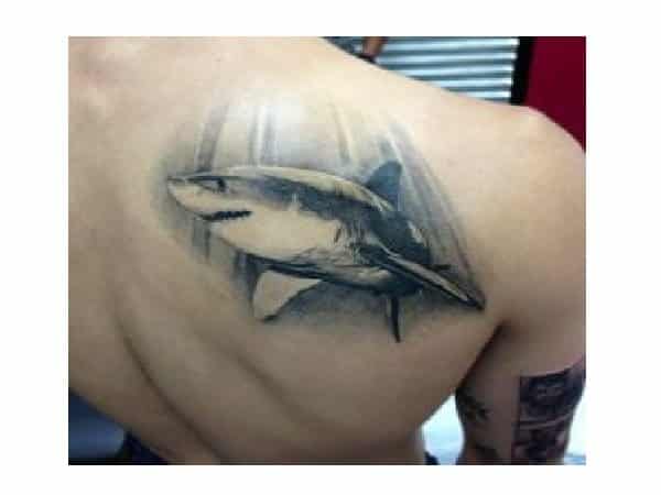 Grey Ink Swimming Shark Back Tattoo