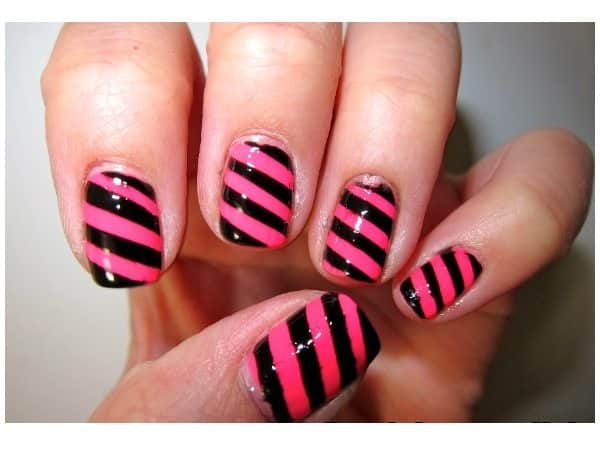 Pink and Black Striped Nails
