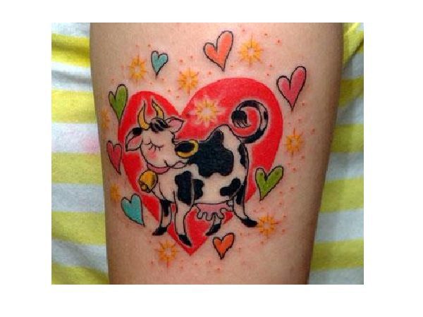 Cartoon Cow In Red Heart with Colored Hearts