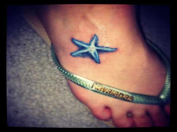Tiny Blue Starfish Foot Tattoo