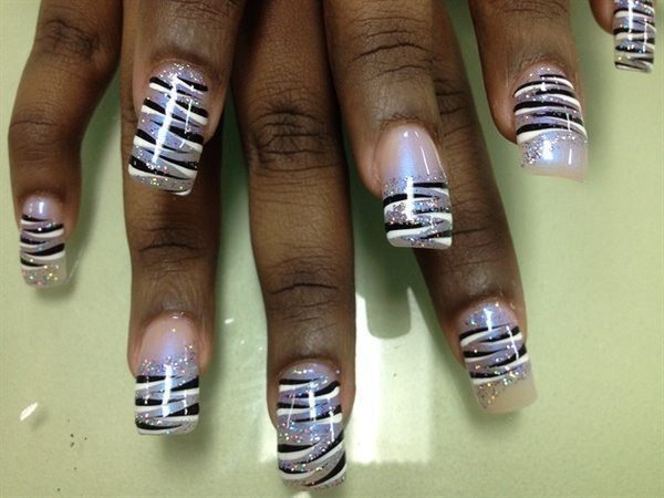 Silver Nails with Black and White Tiger Stripes