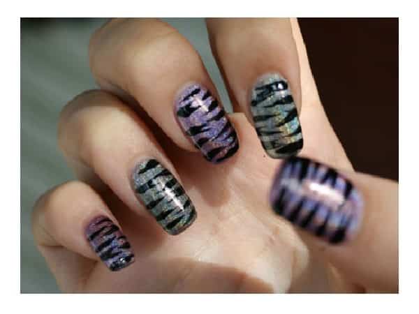 Purple and Silver Tiger Stripe Nails