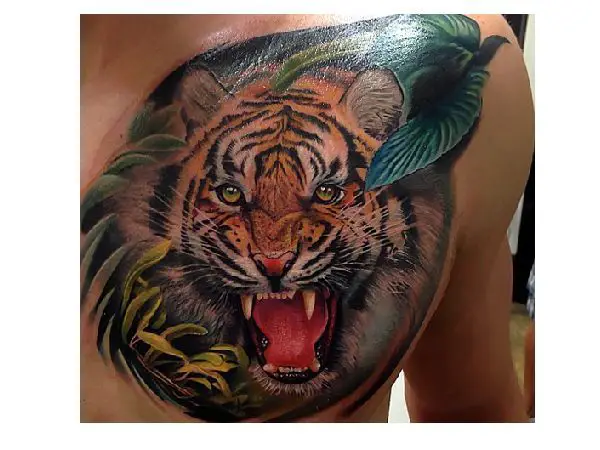 Tiger Growling with Bird and Grass Tattoo