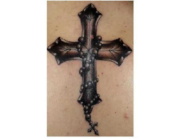 Brown Cross Tattoo with Wrapped Around Rosary