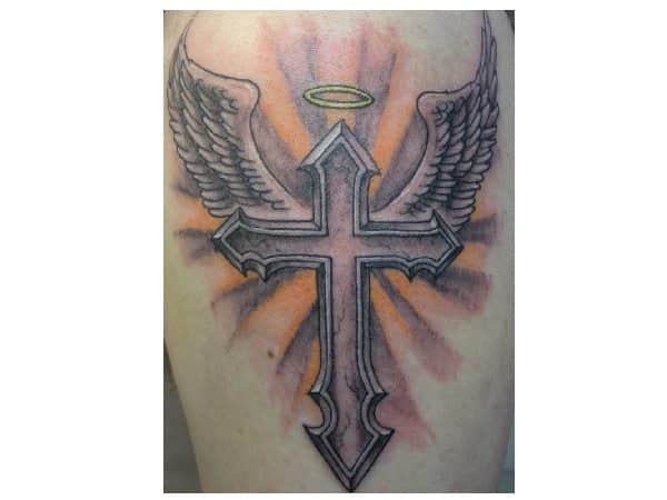 Metal Cross with Wings and Halo Tattoo