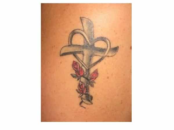 Cross Tattoo with Heart and Three Red Roses