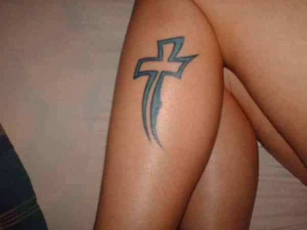 Crooked Blue Cross Leg Tattoo