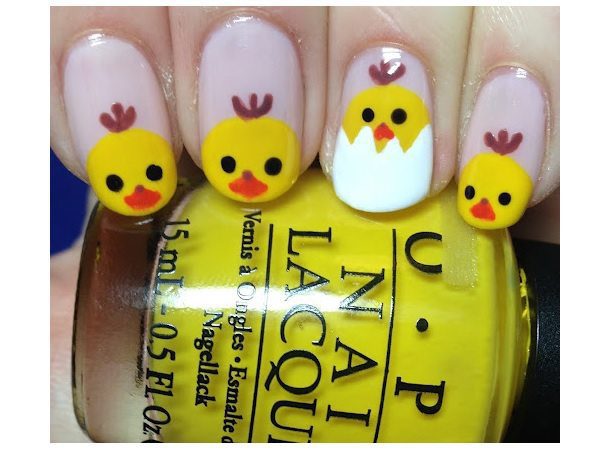 Lavender Nails with Painted Chicks and One Egg Tipped Nail