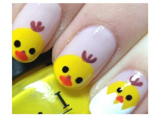 White Nails with Baby Chicks Decorate On Them