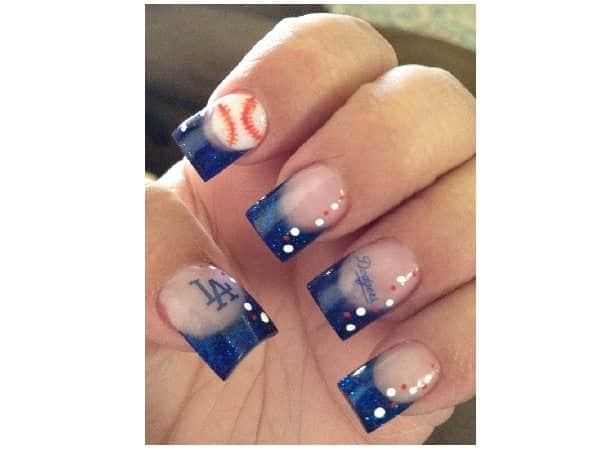 Plain Nails with Blue Tips and Dodger Baseball Decorations