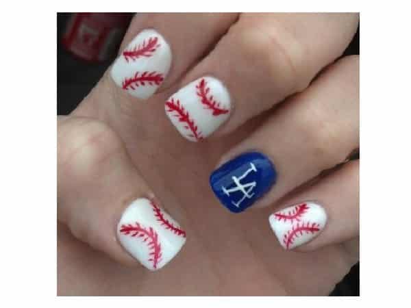 White Baseball Nails with LA Dodger Blue Nail