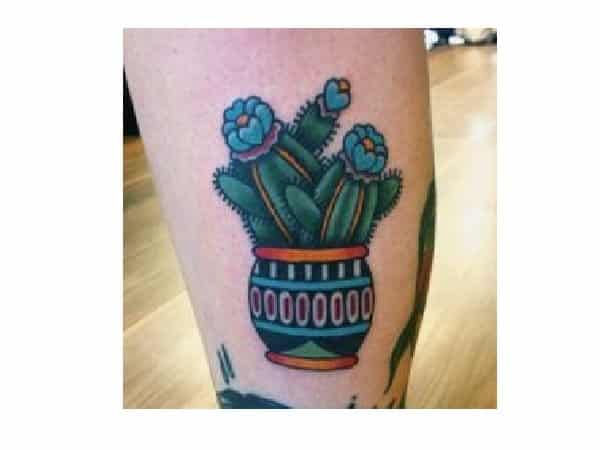 Green Cactus with Blue Flowers In Vase Tattoo
