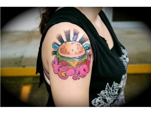 Hamburger Arm Tattoo with Rays and Purple Cloud