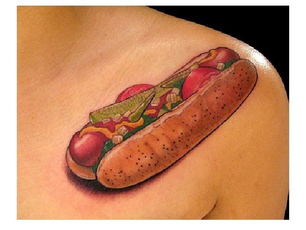 3-D Hot Dog Shoulder Tattoo with Pickles and Tomatoes