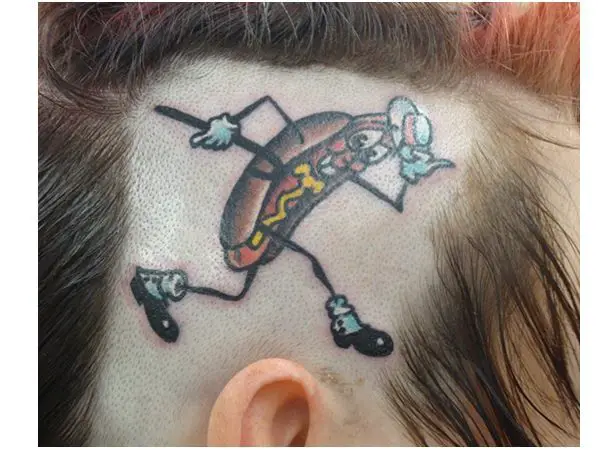 Hot Dog Head Tattoo with a Cane and Hat