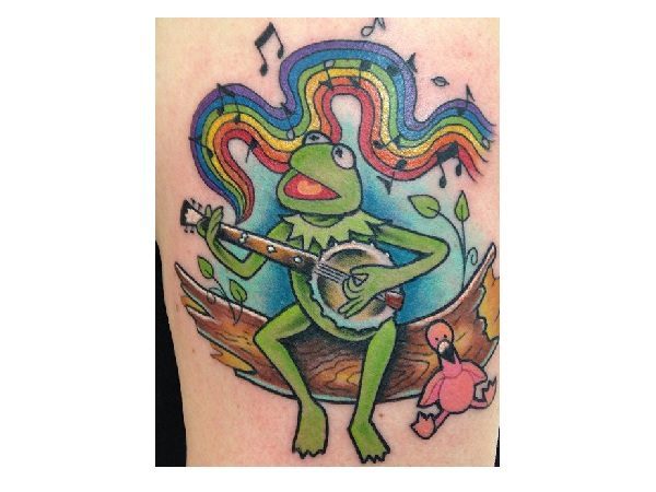 Kermit the Frog Playing Banjo with Rainbow and Musical Notes
