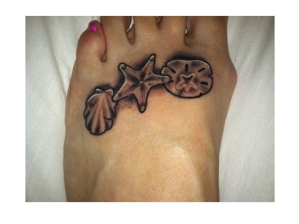 Seashell Starfish and Sand Dollar Brown Ink Foot Tattoo