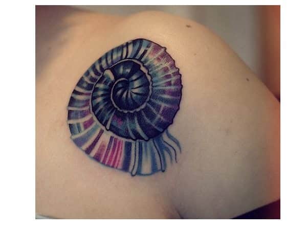 Multicolored Swirling Seashell Shoulder Tattoo