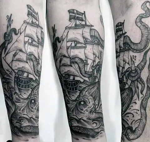 Tyler ATD Tattoos  Kraken and ship tattoo on thigh By TylerATD at