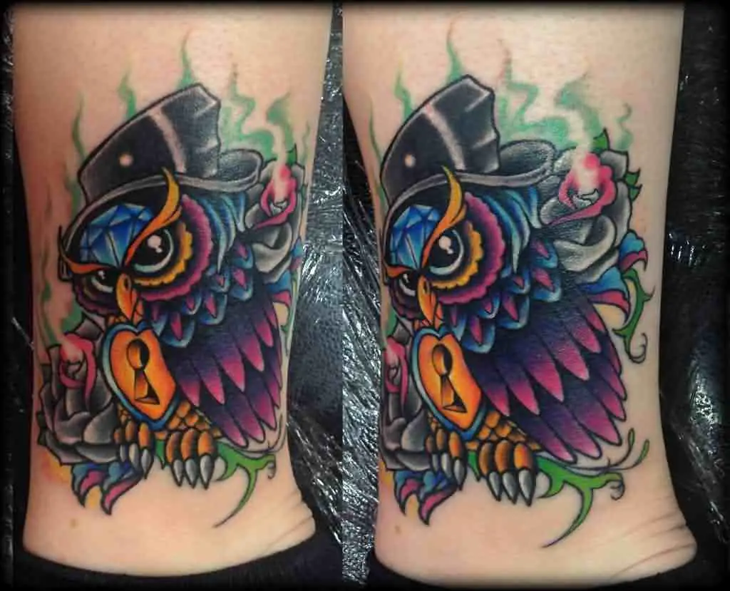 green-flames-and-purple-owl-tattoo