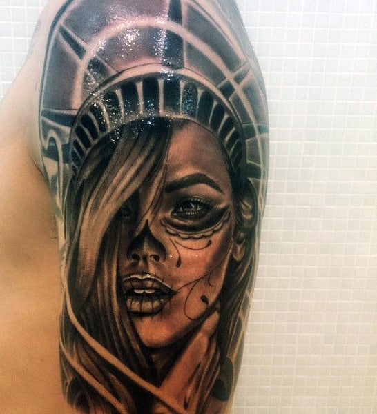 Black and Grey Statue Of Liberty Hands Covering Face Tattoo Idea   BlackInk