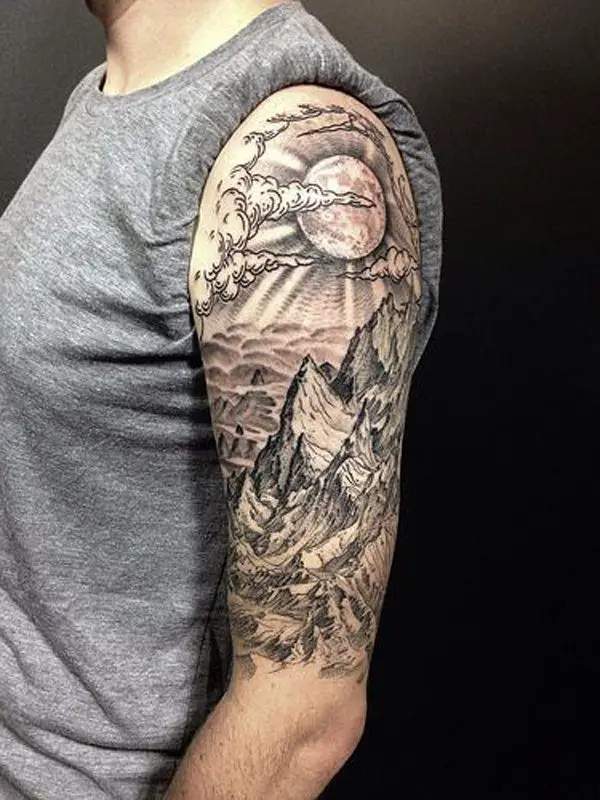 Dark Horse Tattoo Co LLC  gomezlopez14 bringing out the nature theme  with mountain range tattoo nature trees outdoor Mountain  Mountainrange halfsleeve blackandgrey forearm tattoo realistic  realismtattoo michiganartist 