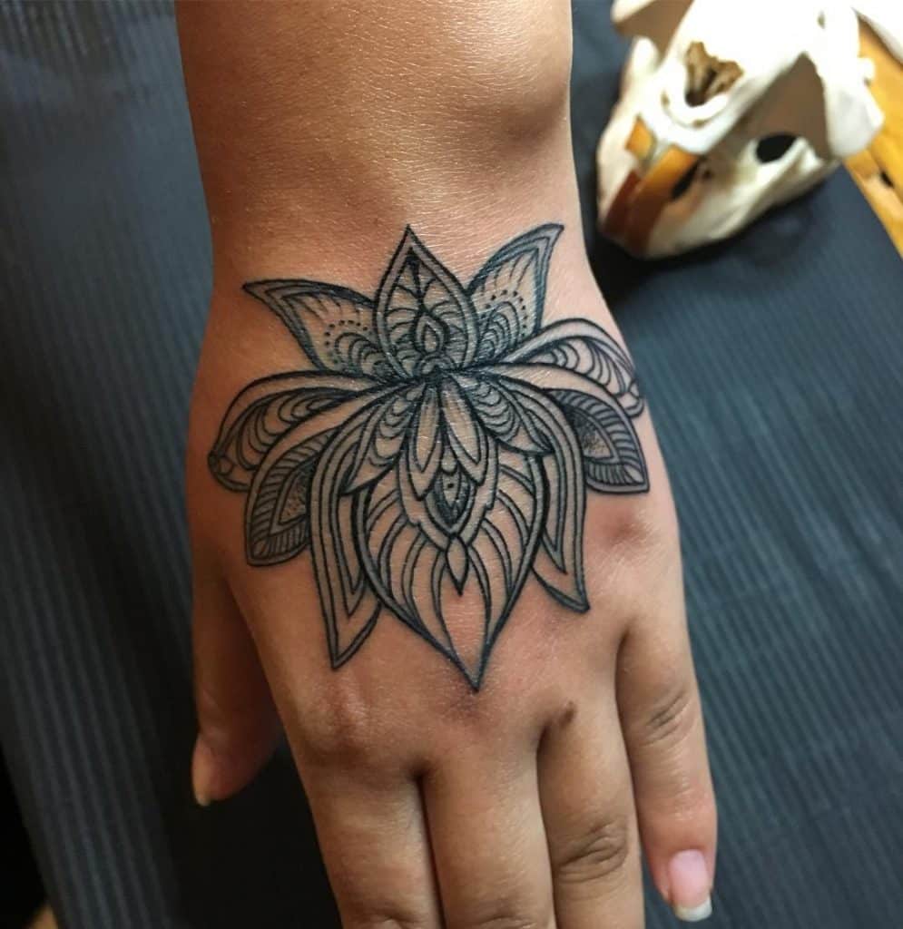 Lotus Mandala hand tattoos for women