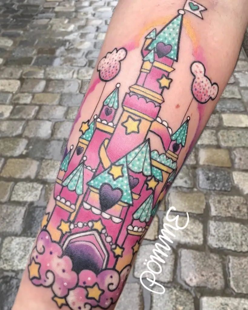 Pink and Blue Disney Castle Tattoo