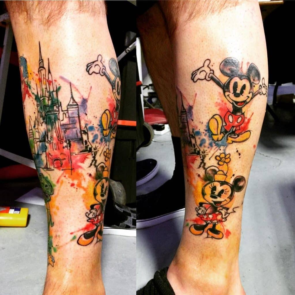 Watercolor Disney Castle and Mickey and MIni Mouse Tattoos