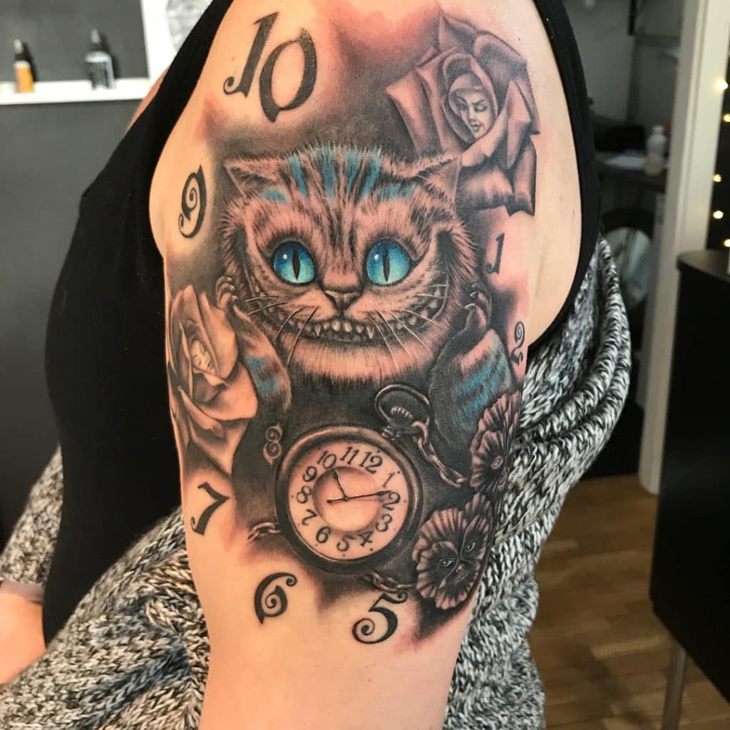 Cheshire Cat and Clock Alice in Wonderland Tattoos