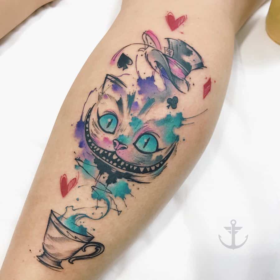 Watercolor Cheshire Cat Alice in Wonderland Tattoos