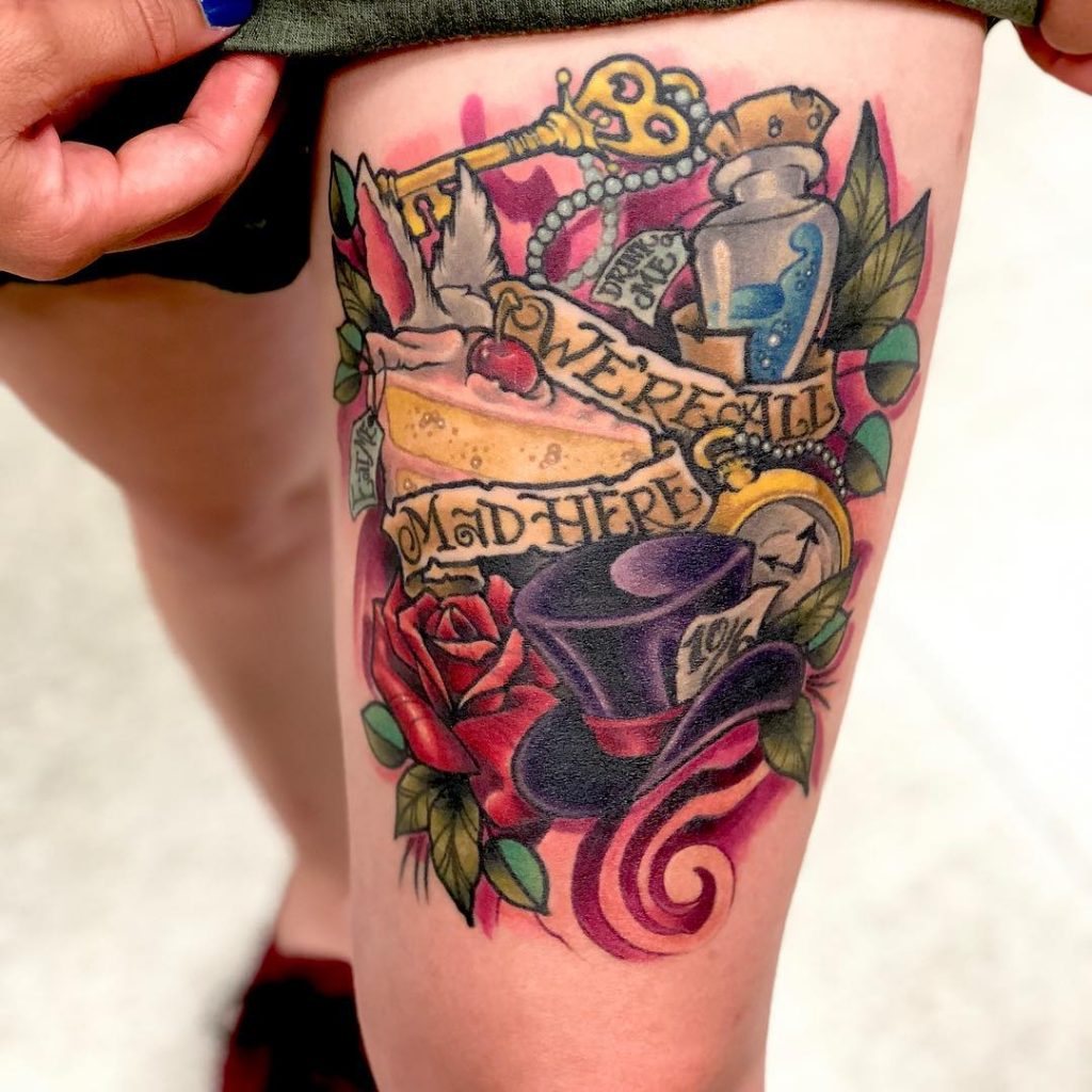 Dream Deep Ink  Tattoos  She has been wanting this tattoo for a while  now Alice in Wonderland Cheshire the cat with the saying We are all mad  here Hope you